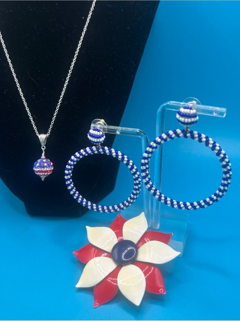 Vintage Red  White Blue  3 Piece Jewelry lot 925 Pendant , Earrings  Brooch